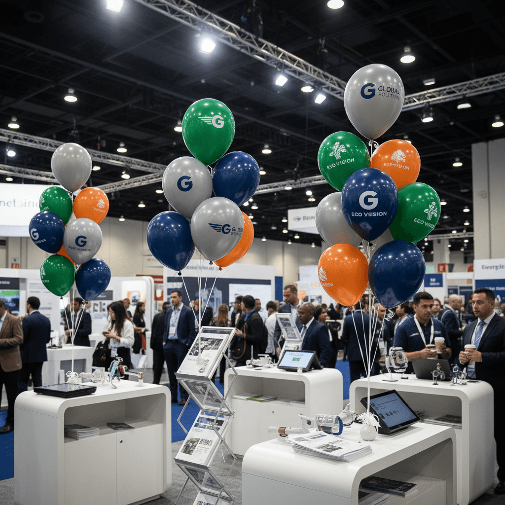 'Décoration de stand avec ballons de baudruches publicitaires multicolores portant des logos d’entreprises