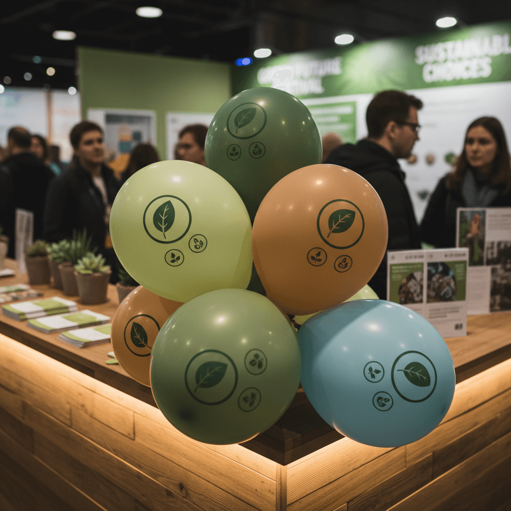 'Ballons de baudruches écologiques imprimés avec logo pour salon professionnel durable.'